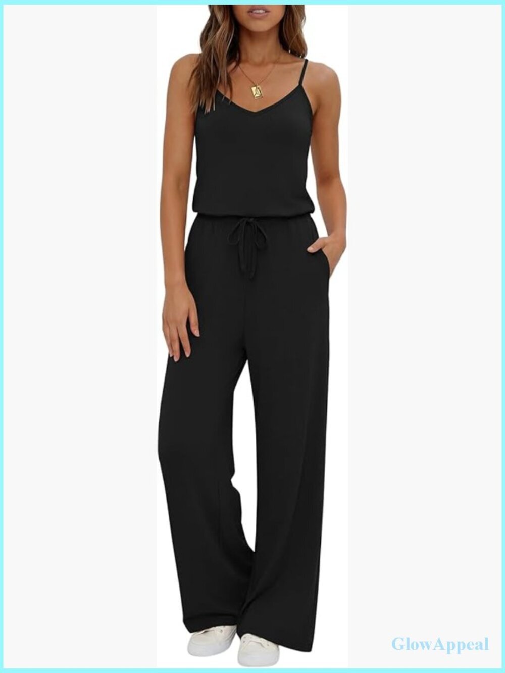 Sleeveless Wide Leg Jumpsuit with Pockets V Neck Casual